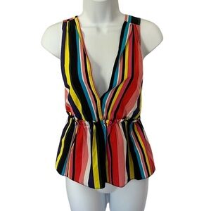 Asos women’s multicolor striped Cotton sleeveless peplum deep v neck top size 2